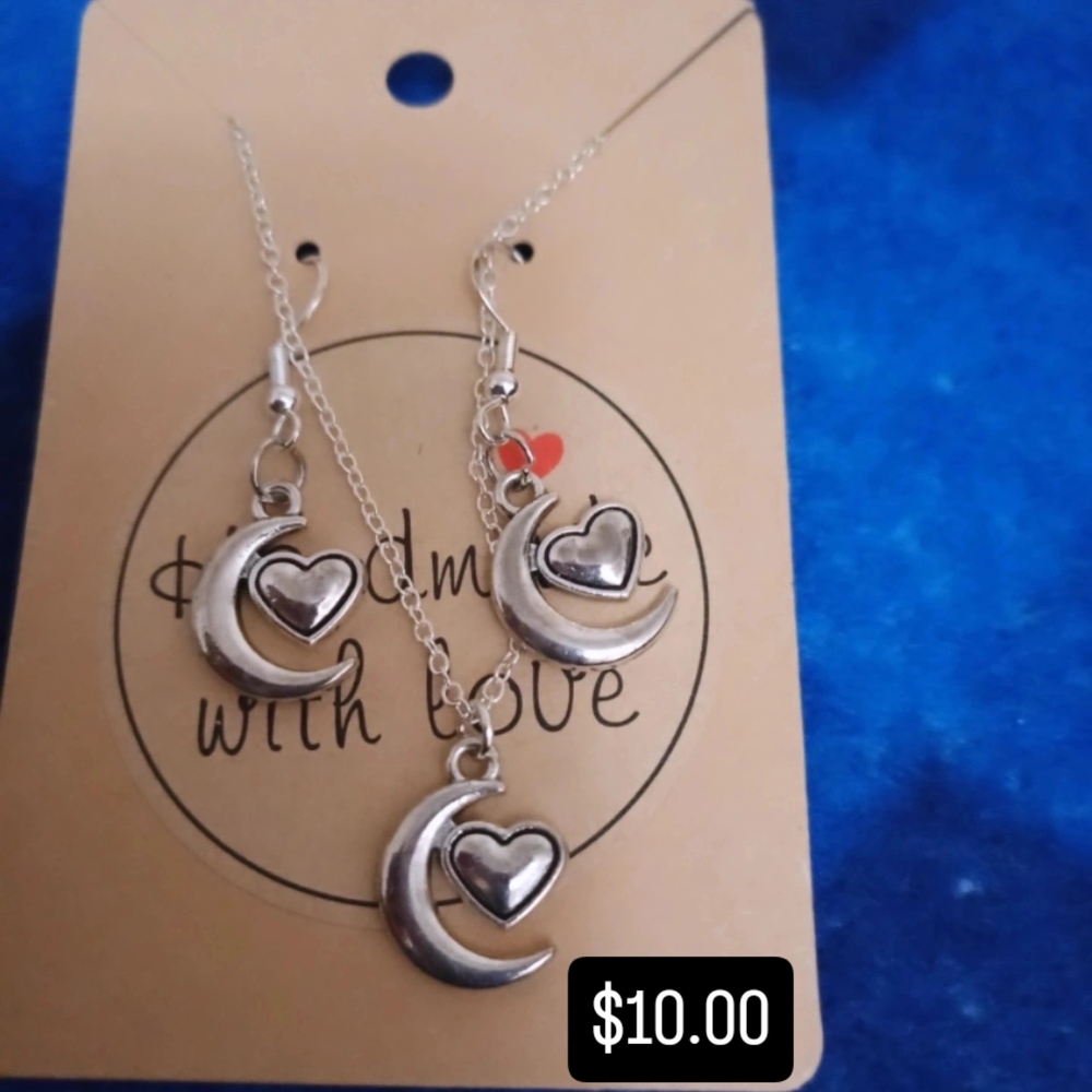 Silver Crescent Moon and Heart Jewelry Set